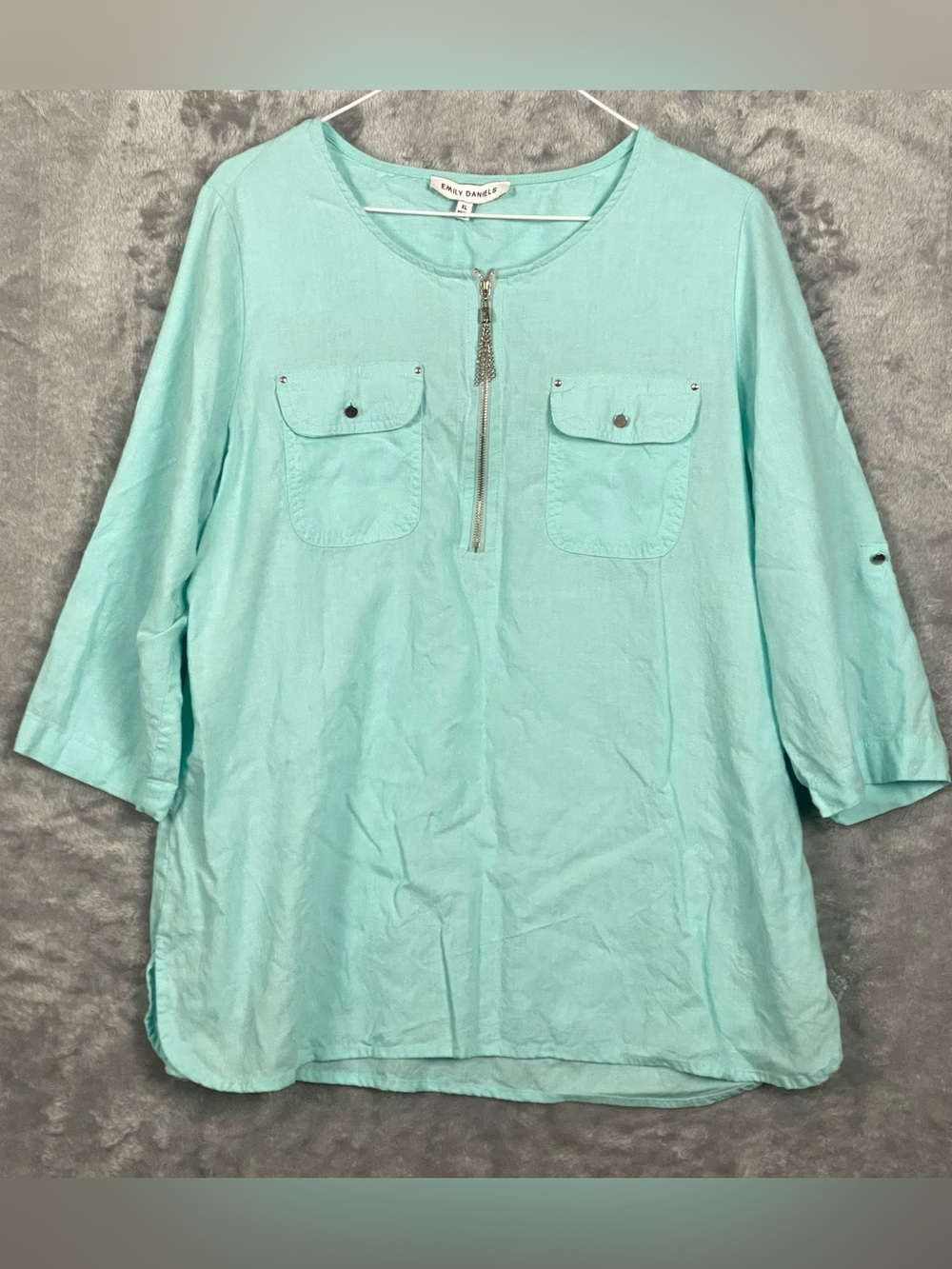 Emily Daniels XL Aqua Mint Linen Blend 3/4 Sleeve Tunic Blouse